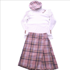 Pink Pleated Midi Skort, Longsleeve Blouse, And Matching Hat